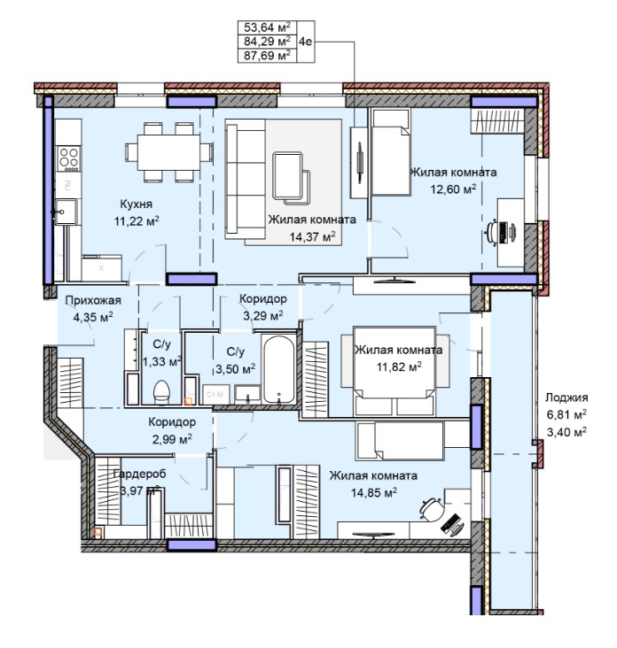 планировка квартиры 88 м2