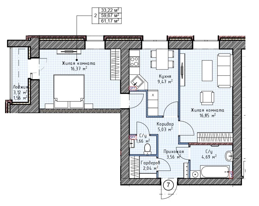 планировка квартиры 61 м2