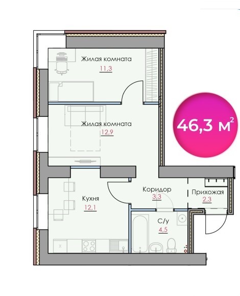 планировка квартиры 46 м2
