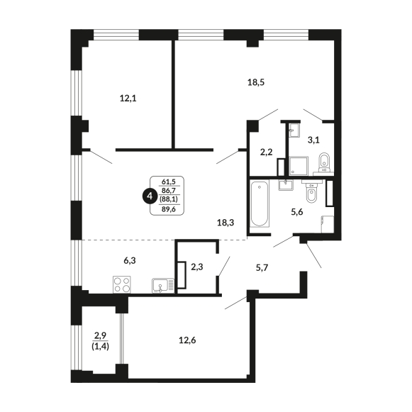 планировка квартиры 88 м2